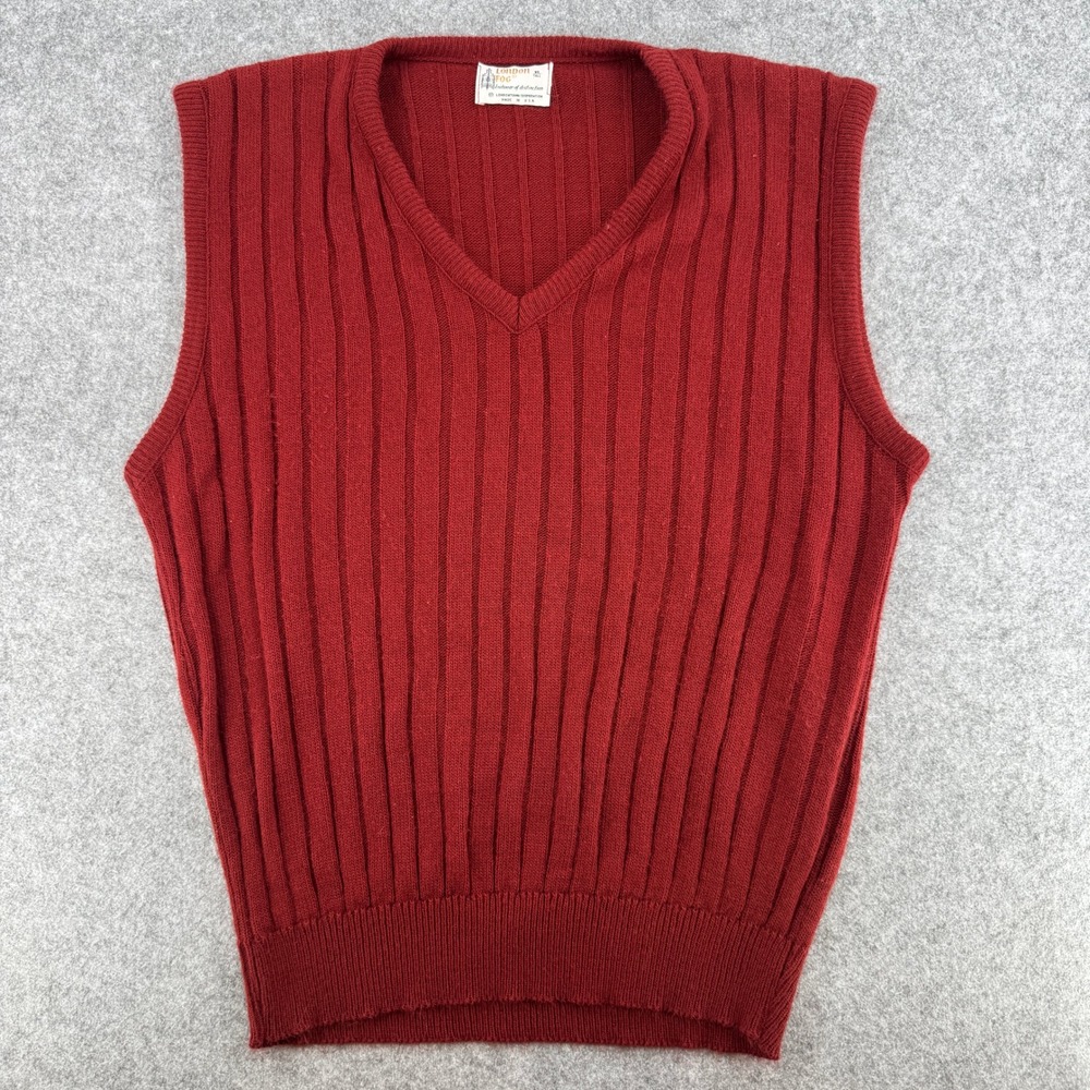 Vintage London Fog Sweater Vest Mens XL Tall Ribbed V-Neck Red Knit Made in USA